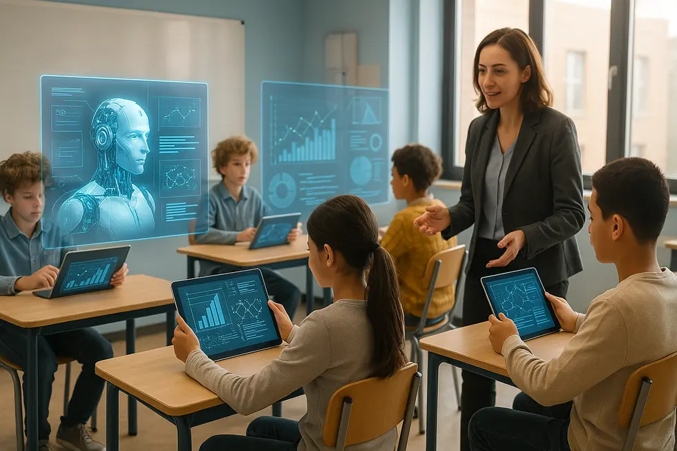 Students using tablets in a futuristic classroom with AI holographic screens.