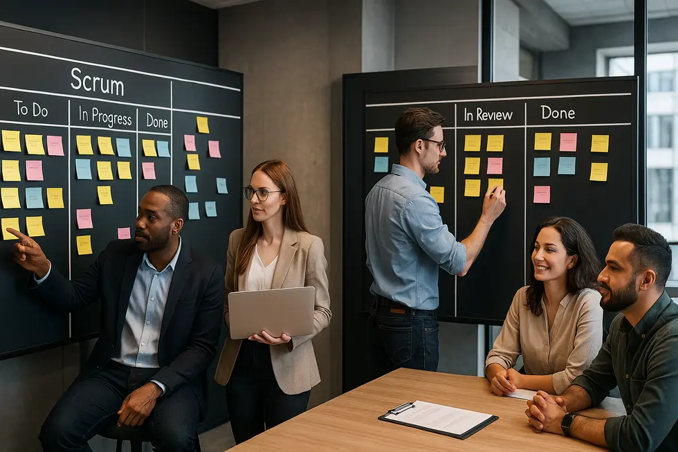 Two teams in an office using Scrum and Kanban boards for project management.