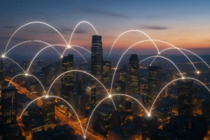 City skyline with light trails representing open banking and API networks.