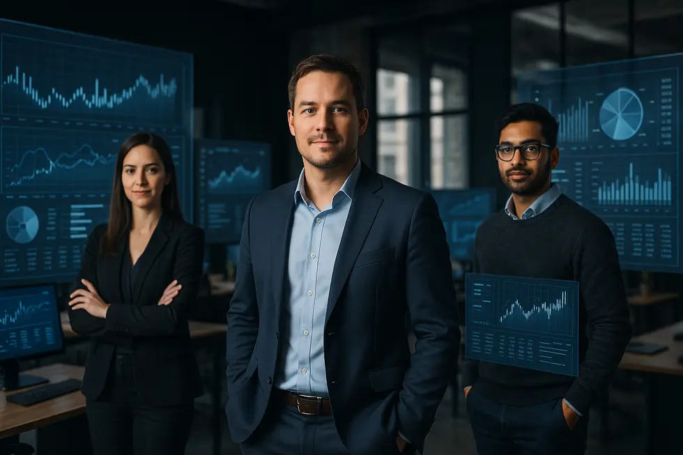 Entrepreneurs in a high-tech office setting analyzing regulatory compliance insights.